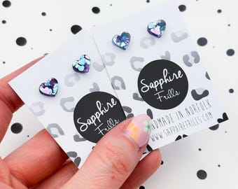 Mini Blau und Lila Pailletten Acryl Herz Ohrstecker