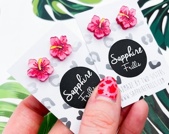 Hibiscus Flower Stud Earrings, Handmade Tropical Jewellery, Hypoallergenic Acrylic Stud Earrings, Floral Gift, Made in Norfolk