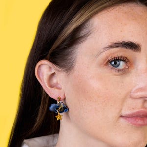 Pu&ograve; includere: Un orecchino pendente caratterizzato da una forma a nuvola marmorizzata blu scuro e nera, con un piccolo ciondolo a forma di stella dorata testurizzata appeso sul fondo. L'orecchino &egrave; fissato al lobo tramite un perno color oro.
