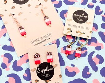 White Glitter & Dark Pink Fab Stripe Ice Lolly Earrings or Necklace, Handmade Polymer Clay Jewellery, Hypoallergenic Stud or Dangle Earrings