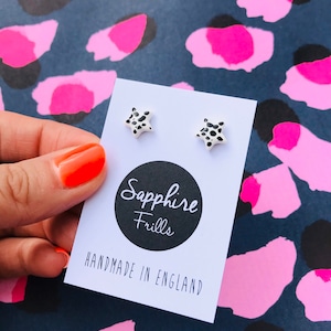 Mini White and Black Dalmatian Print Spot Star Stud Earrings | Dalmatian Handmade Polymer Clay Earrings | Stud, Hoop or Sterling Silver