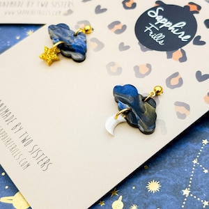 Navy Night Sky Marble and Gold Glitter Cloud, Moon & Star Dangle Earrings