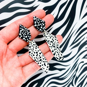 Black & White Dalmatian Spot Earrings | Stone Drop Statement Stud Earrings | Handmade Lightweight Clay Dangles | Sterling Silver Jewellery