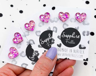 Kleine rosa und rosa Konfetti Sparkle Herz Ohrstecker | Rosa Handgemachtes Acryl | Ohrstecker, Sterling Silber Minimalist