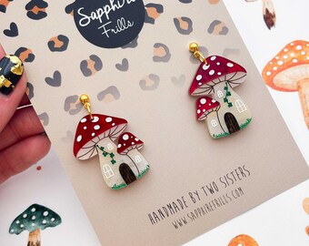 Enchanted Toadstool House Earrings, Handmade Woodland Jewellery, Hypoallergenic Dangle Earrings or Necklace, Fairy Cottage Gift