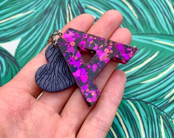 Purplicious Glitter Resin Initial Keyring, Handmade Personalised Resin Letter Keyring, Purple Glitter Initial Keychain, Bag Charm