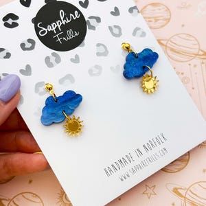Medium Blue Glitter Marble Cloud and Sun Dangle Earrings | Handmade Acrylic Earrings | Hook, Hoop, Sterling Silver Statement
