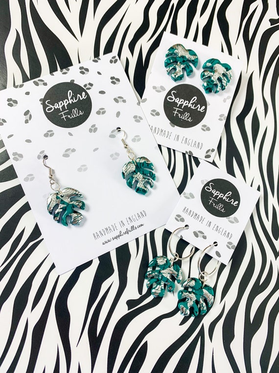 Emerald & Silver Marble Monstera Leaf Earrings | Green Handmade Polymer Clay Earrings | Stud, Hook, Hoop, Sterling Silver Statement Earrings