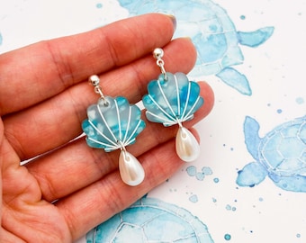 Medium Terrazzo Melt Blue Shell With Pearl Teardrop Dangle Earrings | Handmade Acrylic Earrings | Hook, Hoop, Sterling Silver Statement