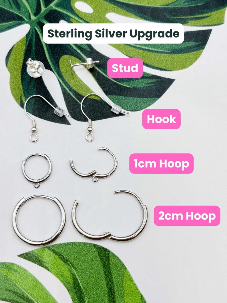 Pu&ograve; includere: Una collezione di componenti per orecchini color argento etichettati Sterling Silver Upgrade, inclusi perni, ganci, cerchi da 1 cm e cerchi da 2 cm. Ogni paio &egrave; mostrato con il relativo tipo chiaramente contrassegnato in riquadri di testo rosa.