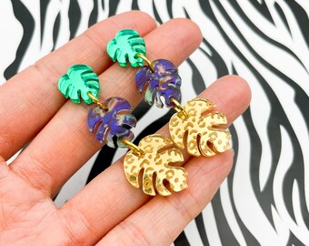 Green, Jungle Blue & Gold Leopard Acrylic Mirror Monstera Leaf Dangle Earrings | Green Handmade Acrylic Earrings | Sterling Silver Statement