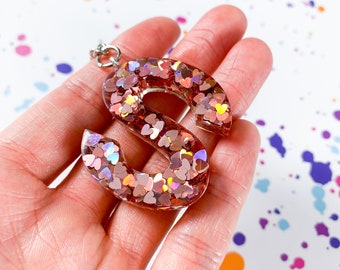 Rainbow Dusky Pink Heart Glitter Resin Initial Keyring, Handmade Personalised Resin Letter Keyring, Pink Glitter Initial Keychain, Bag Charm