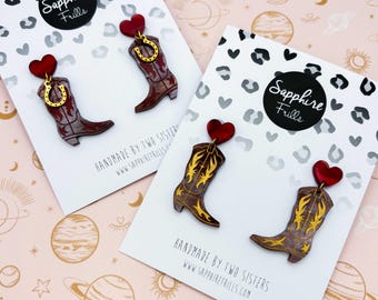 Brown Cowboy Boot Dangle Earrings, Handmade Western Jewellery, Hypoallergenic Acrylic Earrings, Cowgirl Gift, Made in Norfolk