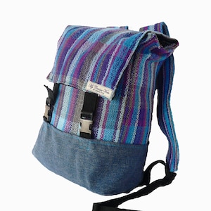 Handgewebter Baja Rucksack, Hippie Rucksack, Boho Style, Handgefärbt, Repurpose Jeans, Gewebte Tasche, Taschen für Sie, Reiserucksack