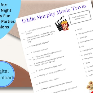 May include: A printable Eddie Murphy movie trivia game with a list of quotes and movie titles. The game is designed for game nights, family fun, holiday parties, and reunions. The words "Digital Download" are also visible.