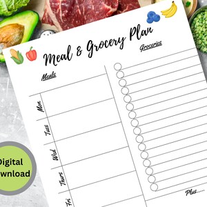 Weekly Meal Planner, Printable Grocery List (Digital Download)