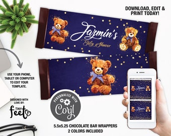 Teddy Bear Baby Shower Candy Bar Wrappers, Navy Blue Teddy Bear Chocolate Bar Wrapper, Boy Baby Shower, Instant download Template
