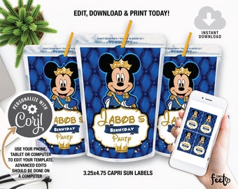 Royal Blue Mickey Mouse 1.3oz Capri Sun Labels, Royal Birthday Printable Party Decor, Instant Download, Mickey Mouse Juice Wrappers