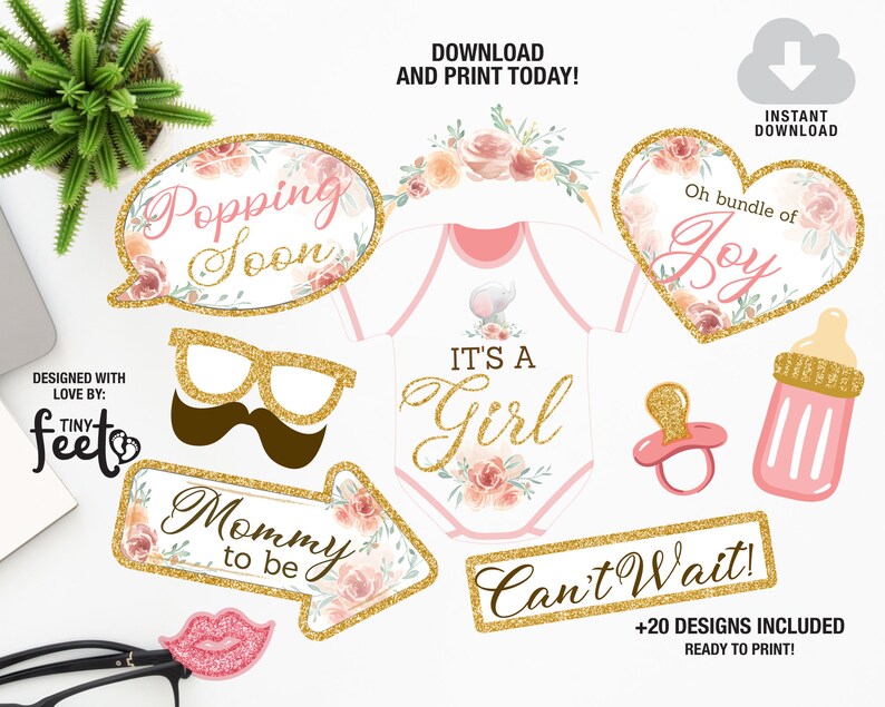 Floral Elephant Baby Shower Photo Booth Props Elephant Baby Shower Props Girl Baby Shower Photo Props Instant download Photo