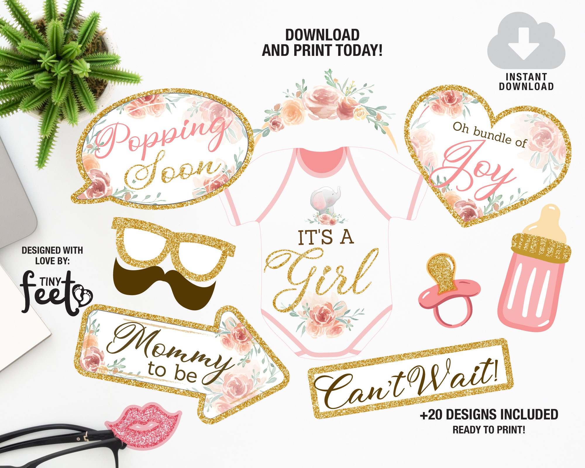 Floral Elephant Baby Shower Photo Booth Props Elephant Baby Shower Props Girl Baby Shower Photo Props Instant download Photo