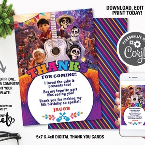 Coco Bedankkaarten, Coco verjaardagsfeestje, digitale Mexicaanse verjaardagskaarten sjabloon, verjaardagsfeestje voor jongens, 5 de Mayo