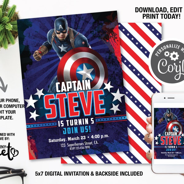 Captain America Birthday Invitations, Super Hero Birthday invite, Boy Birthday Party, Digital Captain America Party Invite, DIY