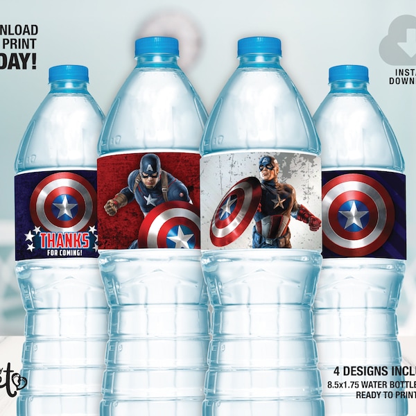 Captain America Water Bottle Label, Étiquette de bouteille d’eau imprimable, Captain America Party Decor, Super Hero Birthday, Boy birthday Party