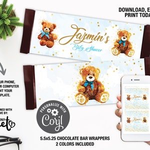 Teddy Bear Baby Shower Candy Bar Wrappers, Teddy Bear Chocolate Bar Wrapper, Boy Baby Shower, Instant download Baby Shower Wrapper Template