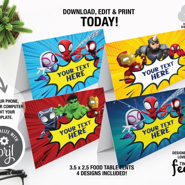 Spidey Food Table Tent, Spidey and his Amazing Friends Food Labels, Spiderman Birthday Party Decor, Editable Food Tent Template