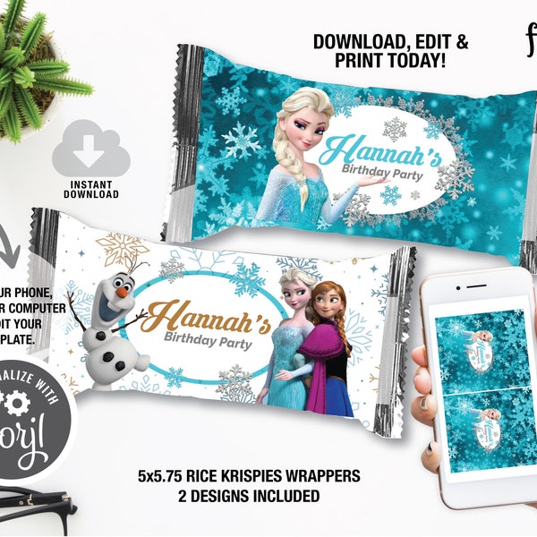 Frozen Rice Krispies Wrappers, Frozen Birthday Labels, Instant download Wrappers Template, Girl Birthday Party Decor, Snow Flakes Birthday