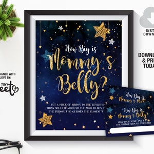 Jogo de chá de bebê Twinkle Twinkle Little Star, Quão grande é a barriga da mamãe, Jogo de chá de bebê estrela, download instantâneo de cartas de sinal de jogo de chá de bebê