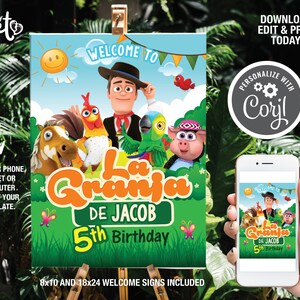 Cartel de bienvenida de La Granja de Zenon, fiesta de cumpleaños de la granja de Zenon, letreros imprimibles de fiesta de cumpleaños de granero de animales, plantilla personalizada de cumpleaños de Zenon