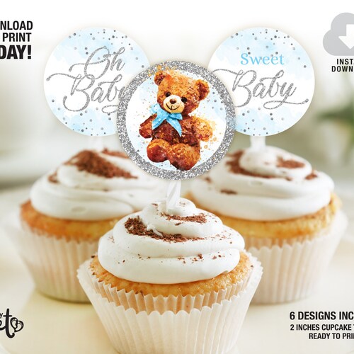 Teddy Bear Cupcake Toppers Baby Shower Cupcake Toppers Bear Etsy
