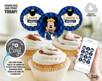 Royal Mickey Mouse Cupcake Toppers, Prince Mickey Mouse Party Decoration, Royal Blue Mickey Mouse Birthday, Boy Birthday Party, DIY