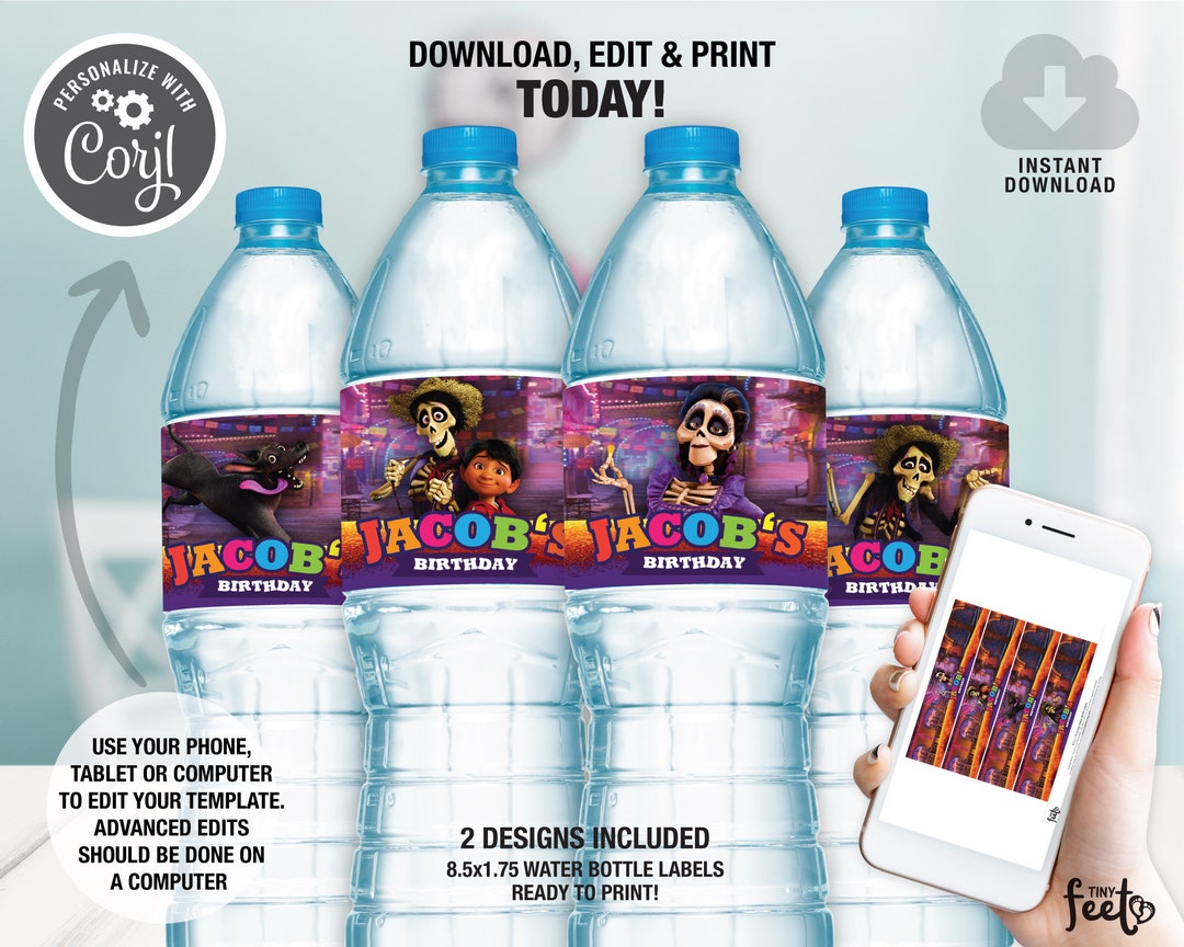 Coco Water Bottle Label, Printable Water Bottle Label, Mexican Party Decor, 5 De Mayo Birthday