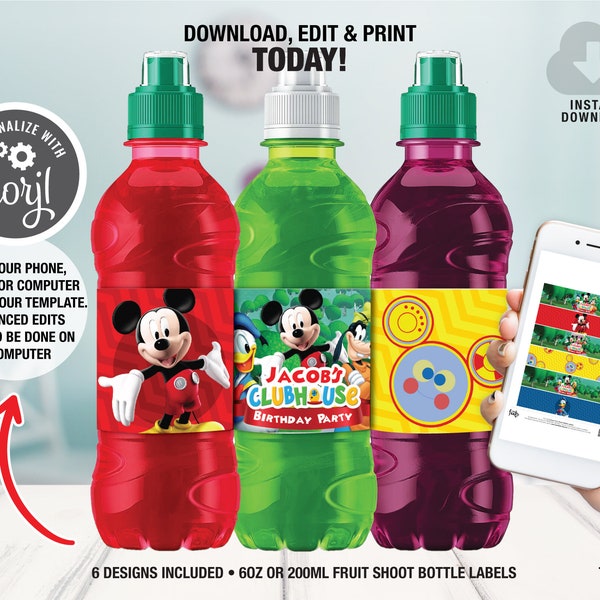 Clubhouse Mickey Mouse Fruit Shoot Bottle Label, Printable Labels Template, Mickey Mouse Party Decor, Toodles Birthday, Boy birthday Party