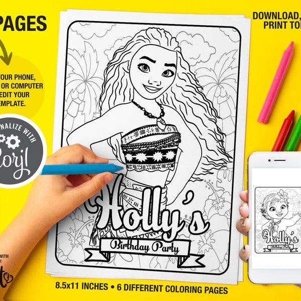 Moana Coloring Pages, Custom Name Moana and Maui Coloring Pages, Birthday Party Templates, Princess Moana Party Favors