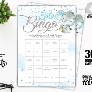 Cartões de bingo para chá de bebê Baby Elephant, jogo de chá de bebê Baby Elephant, download instantâneo de jogo de bingo para chá de bebê, jogos de chá de bebê para meninos, faça você mesmo