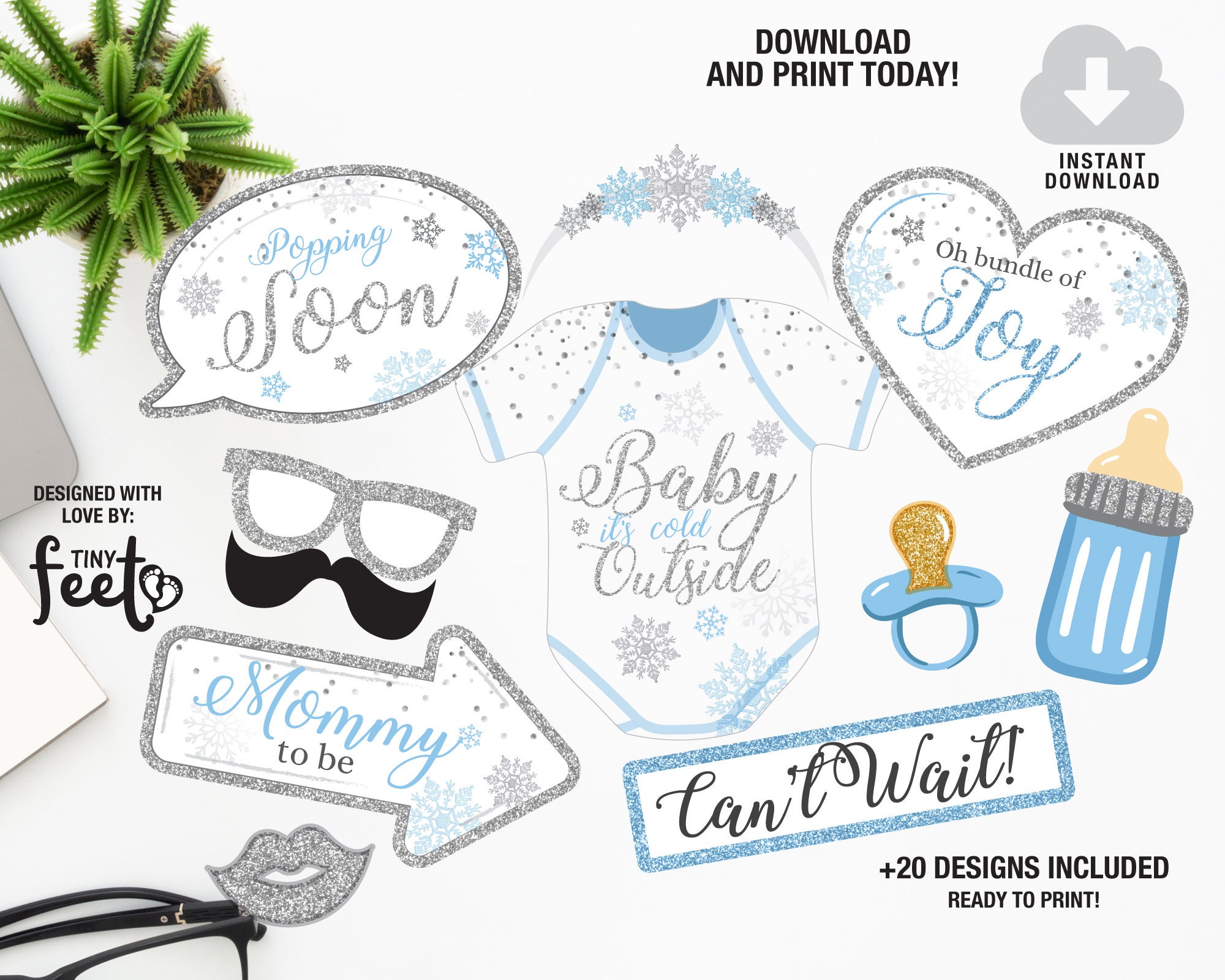 Snowflakes Baby Shower Photo Booth Props Winter Baby Shower Props Boy Baby Shower Photo Props Instant download Photo Booth