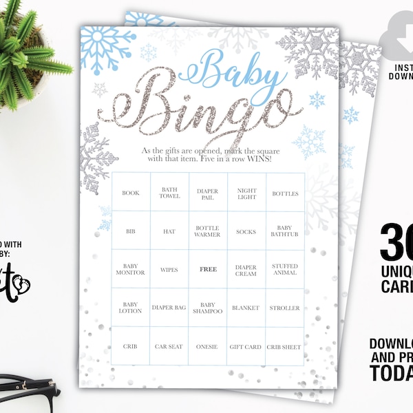 Winter Baby Shower Bingo Cards, Snowflakes Baby Shower Bingo, Boy baby Shower Games, Instant download Baby Shower Bingo Game Cards, DIY