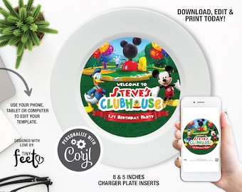 Clubhouse Mickey Mouse Charger Plate Inserts, Mickey Mouse Thank You Inserts, Instant download Birthday Decoration, Clubhouse Charger Plate