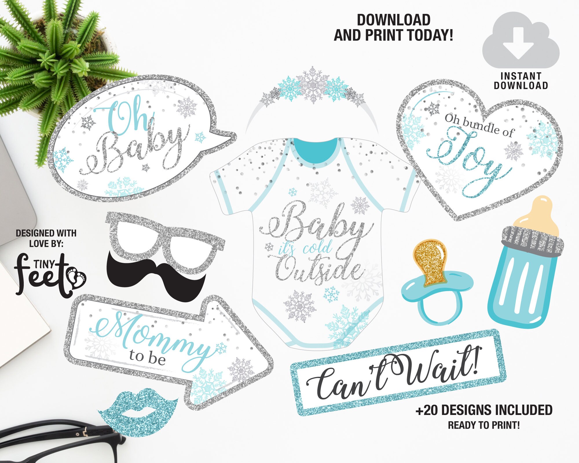 Snowflakes Baby Shower Photo Booth Props Winter Baby Shower Props Boy Baby Shower Photo Props Instant download Photo Booth