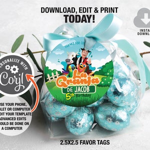 Etiquetas para lembrancinhas La Granja de Zenon, etiqueta redonda para lembrancinhas Zenon Farm, modelo de celeiro de animais, download instantâneo, decoração de festa de aniversário Zenon, faça você mesmo