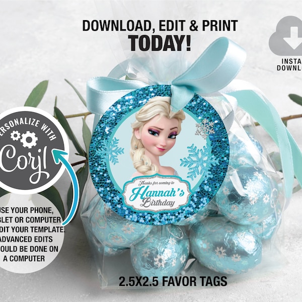 Frozen Birthday Favor Tags, Frozen Round Favor Tag, Elsa Favor Tags Template, Instant Download, Winter Birthday Party Decor, DIY Favor Tag