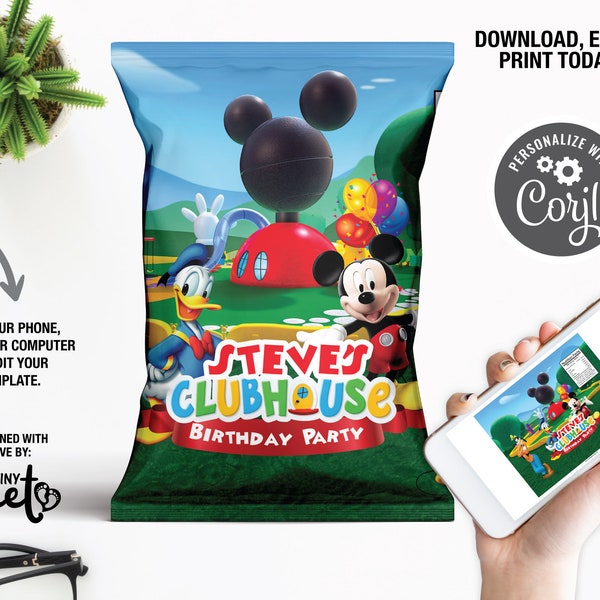 Clubhouse Birthday Chip Bags, Mickey Mouse Party Decoration, Mickey Printable Files, Instant download, Minnie Printable Chip Bags, DIY
