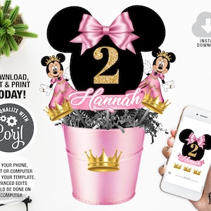 Príncipes Minnie Mouse Centerpiece, Minnie Birthday Party, Royal Disney Princess Party Decor, Descarga instantánea, Plantilla editable