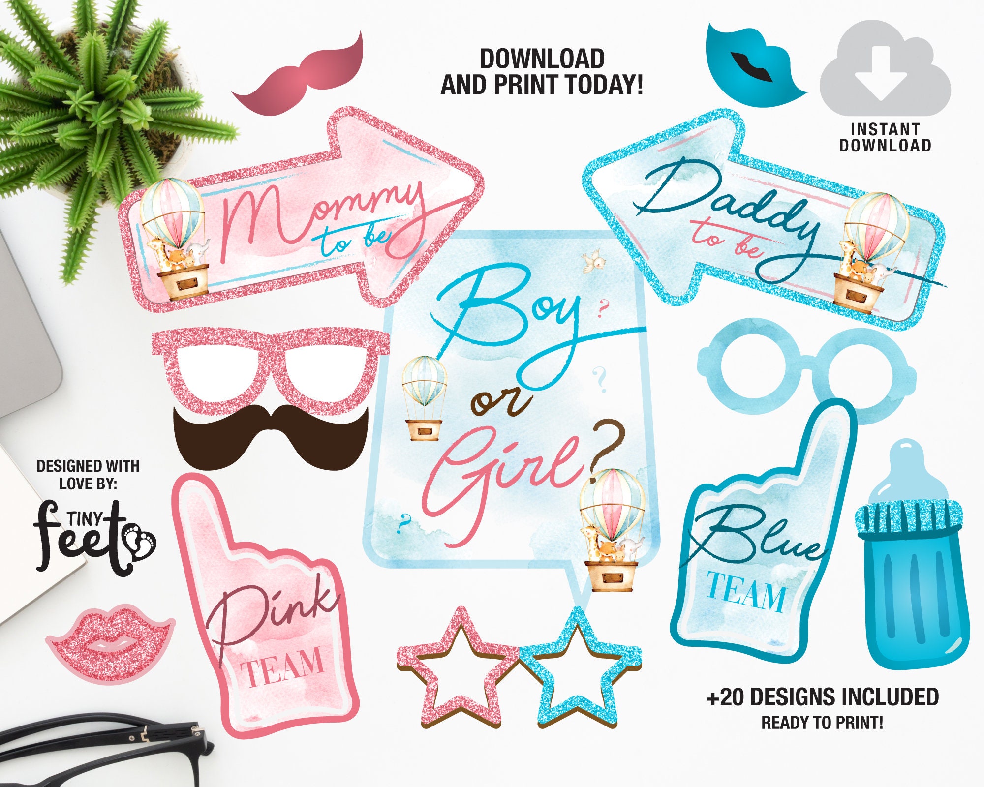 Hot Air Balloon Gender Reveal Baby Shower Photo Booth Props Gender Reveal Photo Booth Props Instant download Baby Shower