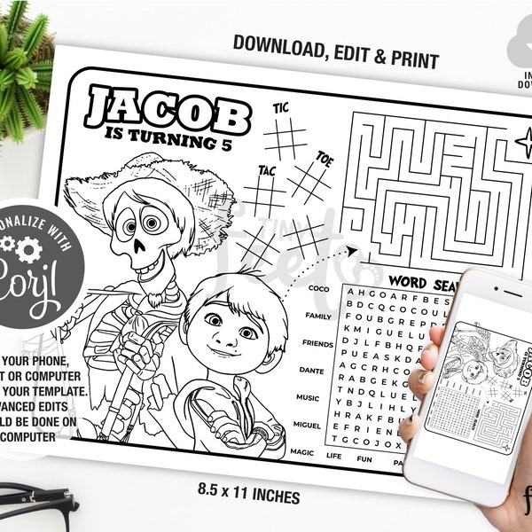 Coco Activity Placemat, Custom Name Coco Birthday Game, Mexican Birthday Party Coloring Page, Coco Party Favors