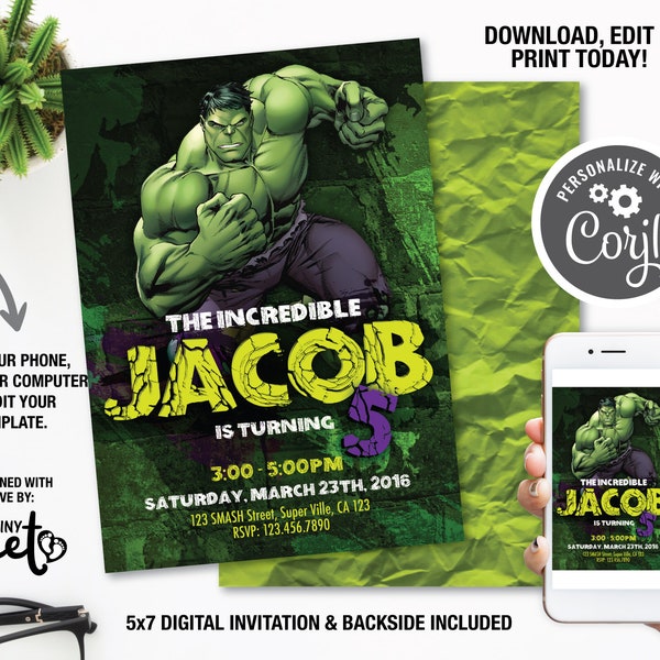 Hulk Birthday Invitations, L'incroyable invitation d'anniversaire de Hulk, Invitations numériques, Téléchargement instantané, Modèle d'invitation modifiable