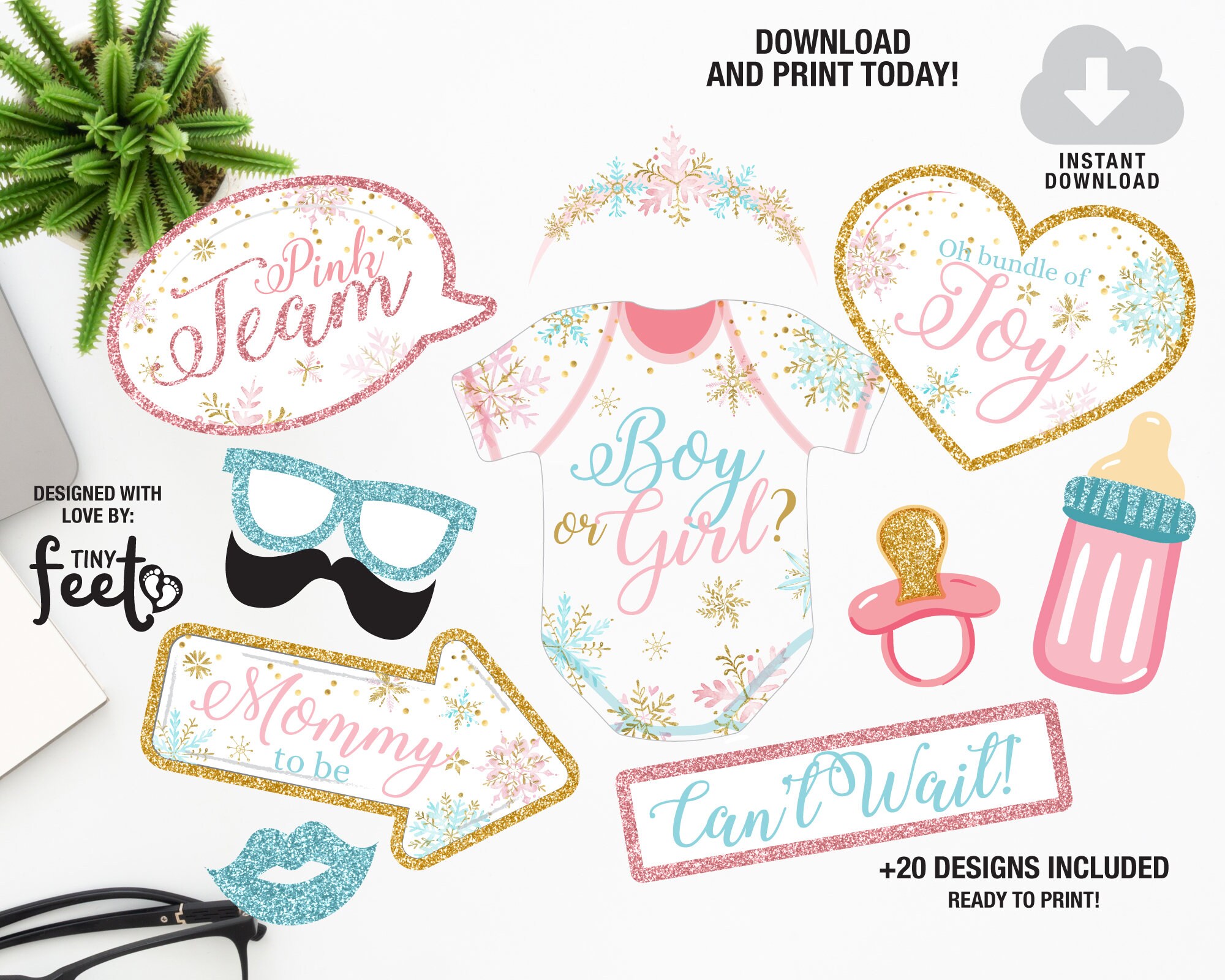 Snowflakes Baby Shower Photo Booth Props Winter Baby Shower Props Gender Reveal Photo Props Instant download Photo Booth